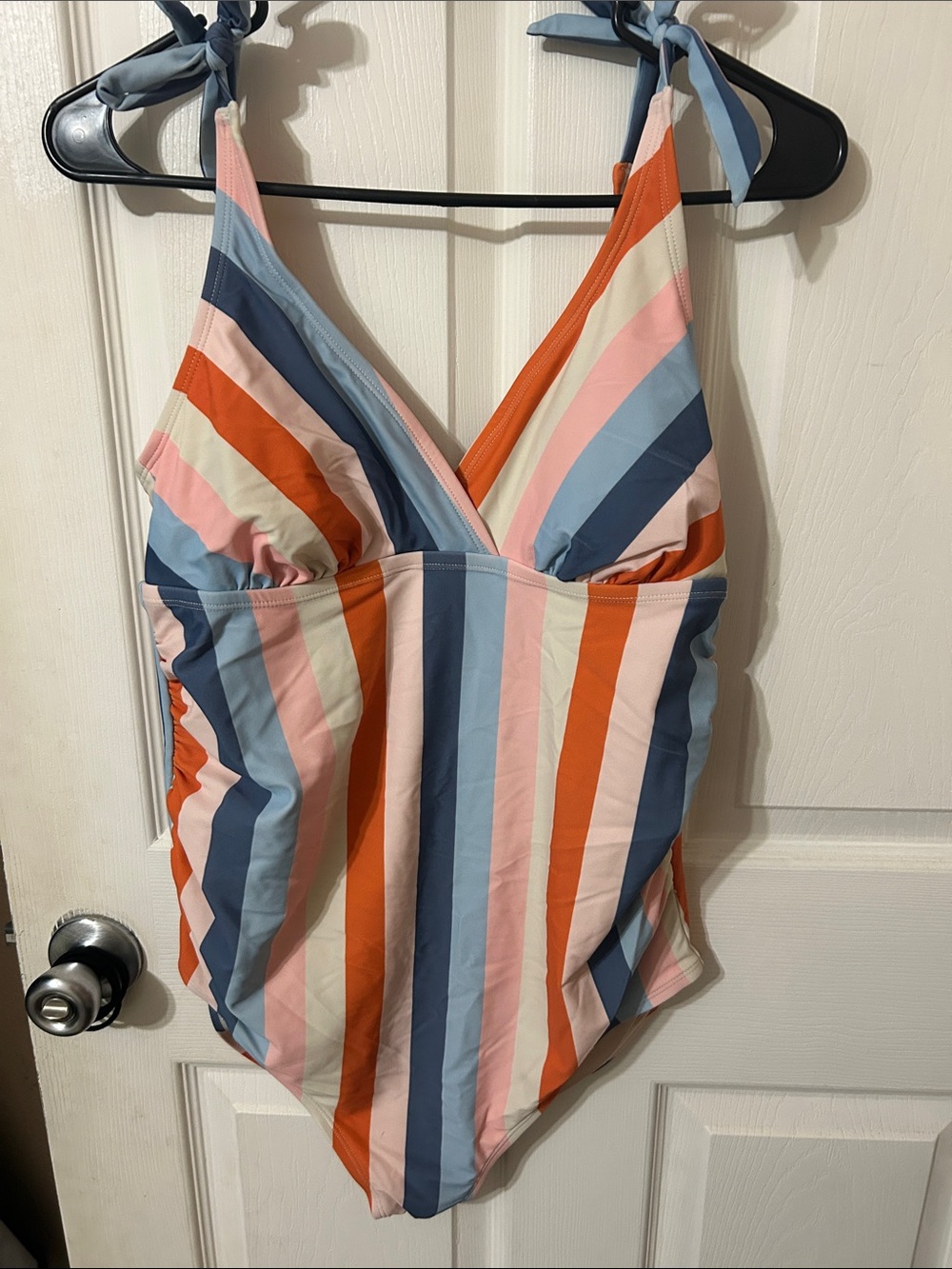 Maternity One-Piece Swimsuit in Blue, Orange, Pink, Cream Stripes